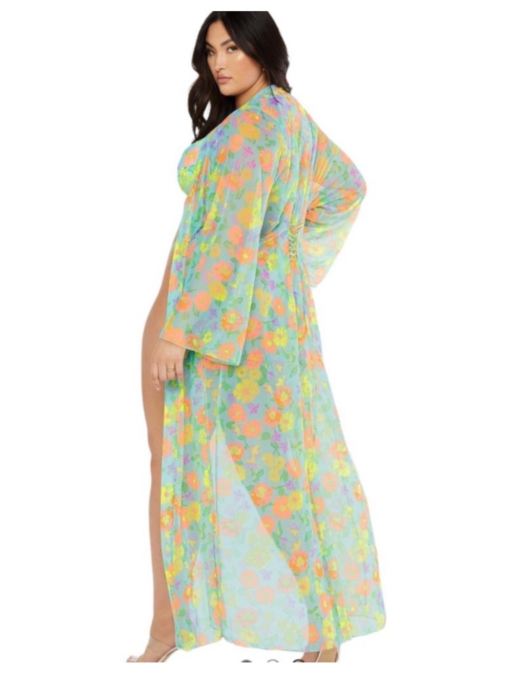 NWT Savage X Fenty Free Spirit Floral Full-Length Robe Sheer Lace-up 2X-3X